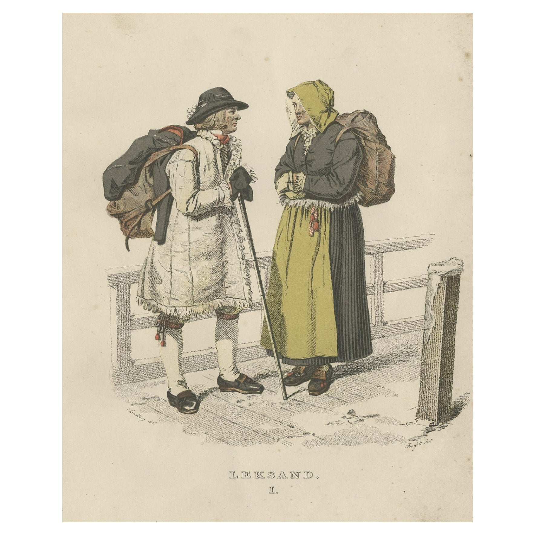 Antiker Kostümdruck von Leksand aus Schweden, um 1864