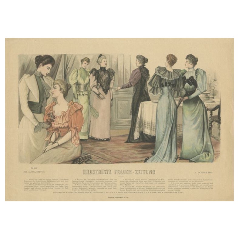 German Antique Fashion Print of Women, Published in, 1892 For Sale