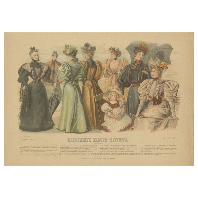 German Antique Fashion Print of Women, Published in 1894 For Sale