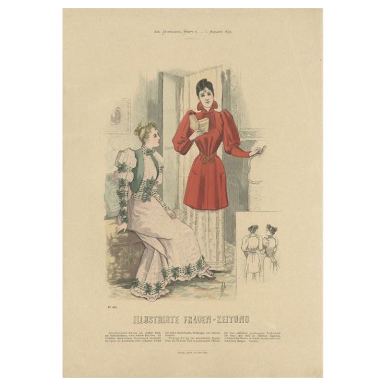 Antique Fashion Print Depicting Two Ladies, by Dürr, 1892 For Sale