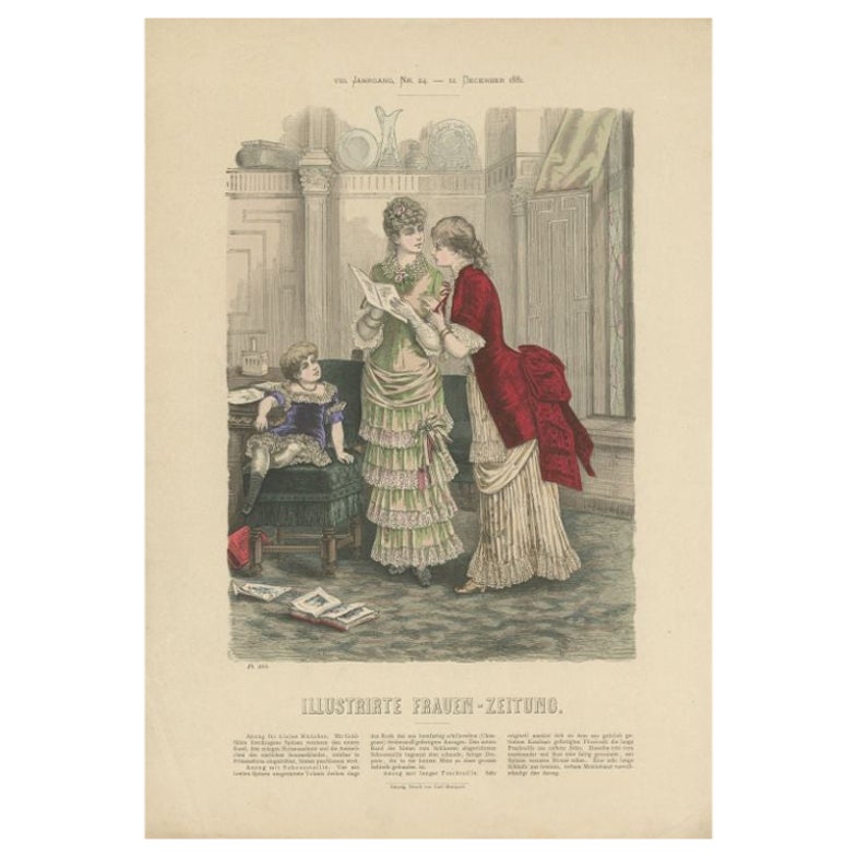 Antique Fashion Print of Two Ladies and a Girl, by Marquart, 1881 For Sale