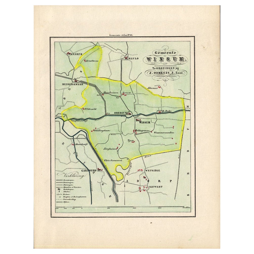 Antique Map of the Township of Winsum, Groningen in The Netherlands, 1862 For Sale
