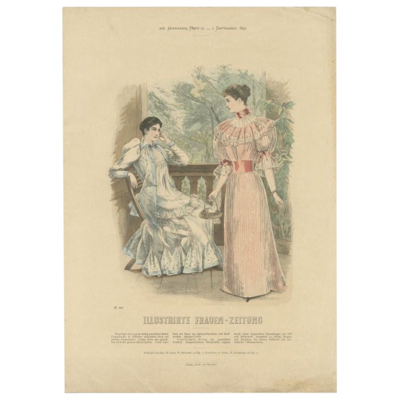 Antique Fashion Print of Women in Colorful Dresses, by Dürr, 1892 For Sale