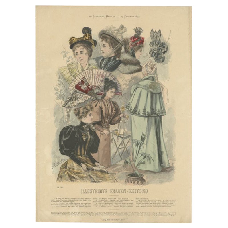 Antique Female Fashion Print by Breitkopf, 1894 For Sale