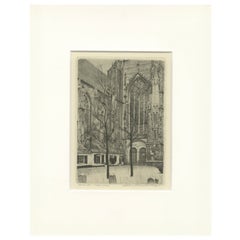 Vintage Etching of the Lebuinus Church in Deventer, the Netherlands, 1978