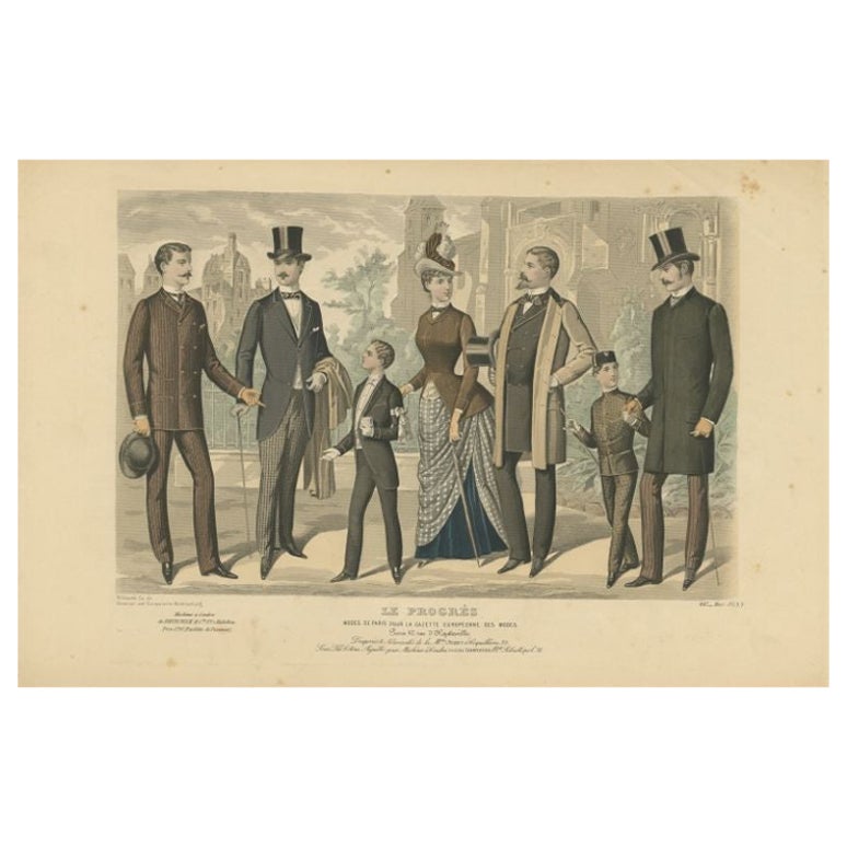 Antique Fashion Print of Gentlemen and Woman in France, 1887