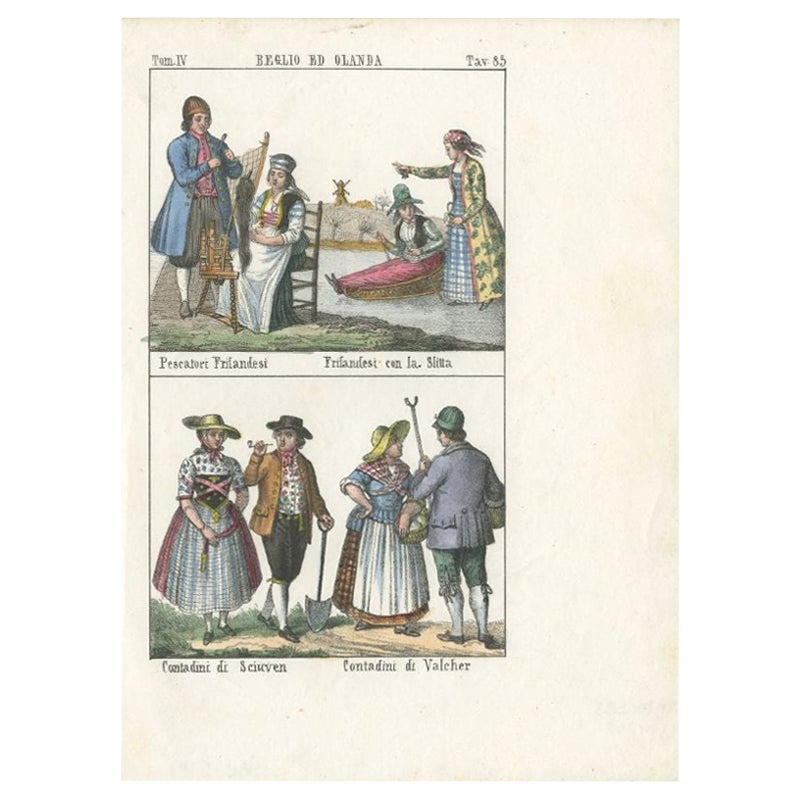 Antique Costume Print of Belgium and the Netherlands by Antonelli, 1842 For Sale