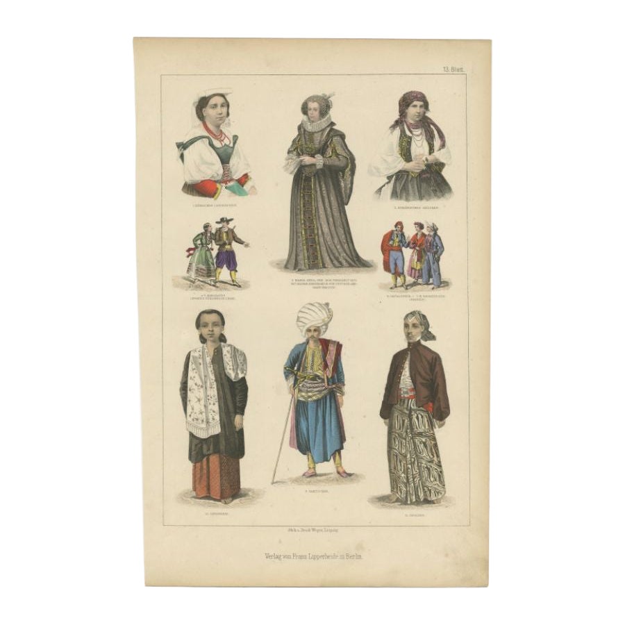 Antiker antiker Kostümdruck von Spanien, Arabisch, Java und anderen, um 1875