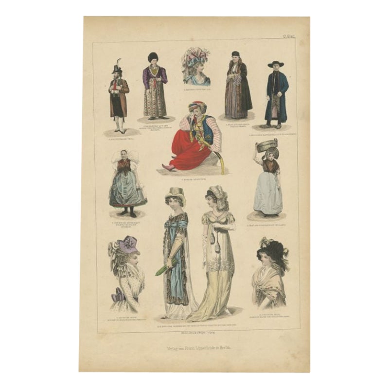 Antique Print with Costumes of Greece, Bayern, Holland, England and Others For Sale