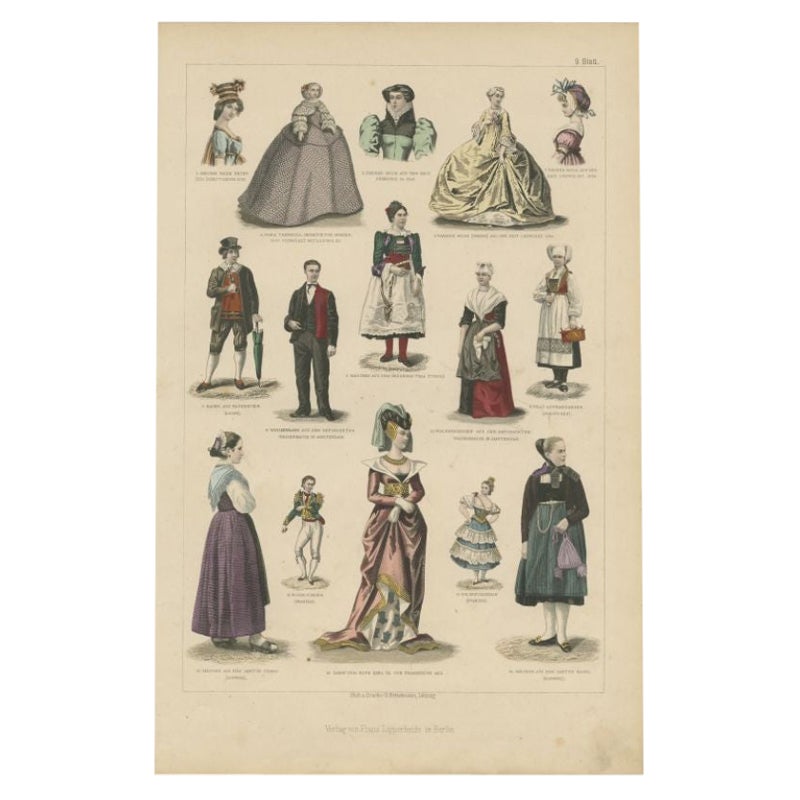 Antiker Kostümdruck, darunter Kostüme von Paris, Amsterdam, Norwegen und anderen