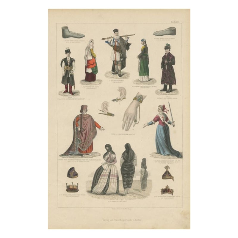 Antique Costume Print Including Costumes of Greece, Spain, Peru and Others