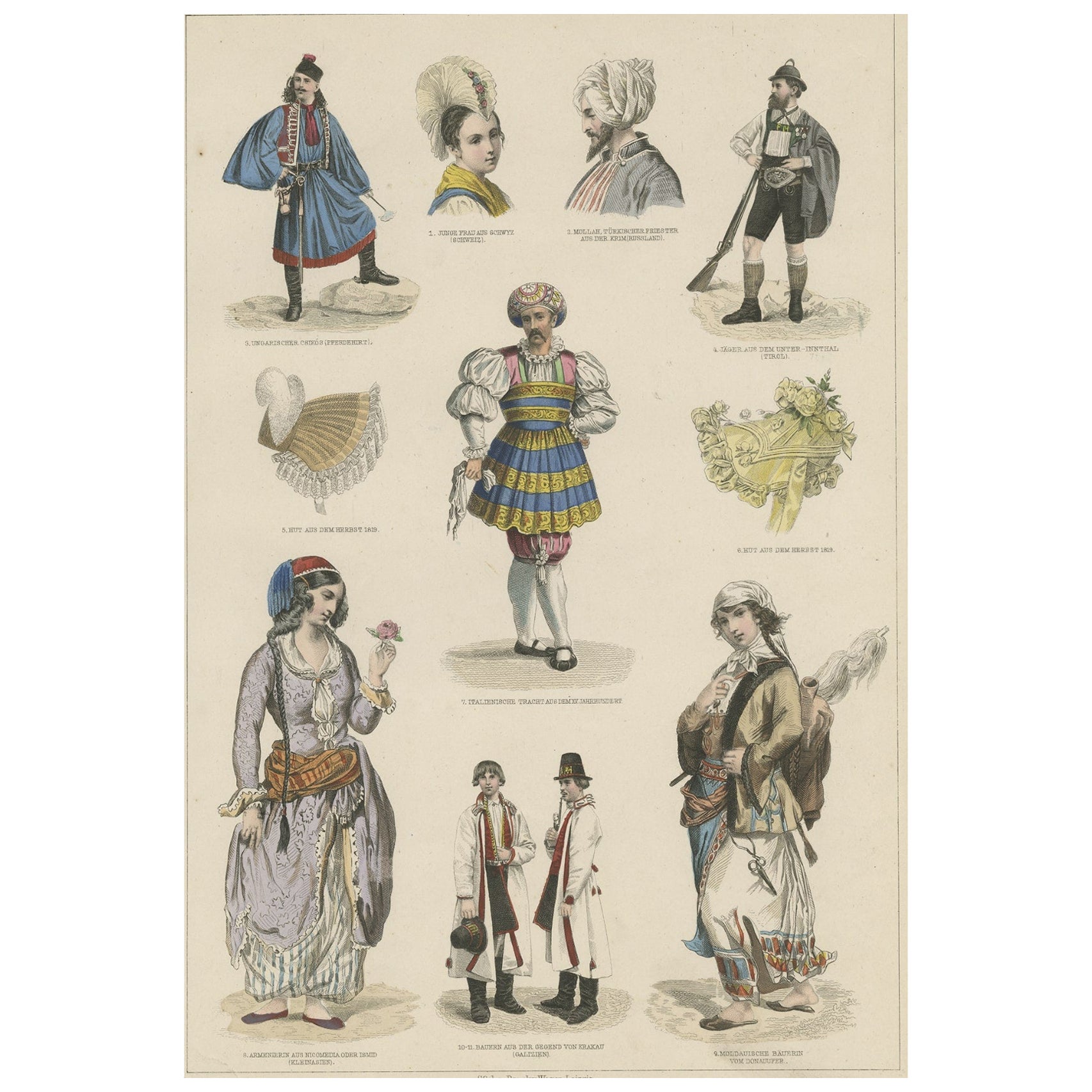 Impression de costumes anciens de costumes de Suisse, de Tyrol, d'Asie et d'autres, vers 1875