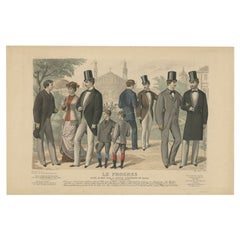 Antique Fashion Print of Men, Children and a Woman in the 19th Century