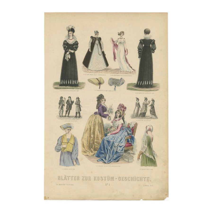 Antique Costume Print of Paris / France, Leipzig / Germany and Others For Sale