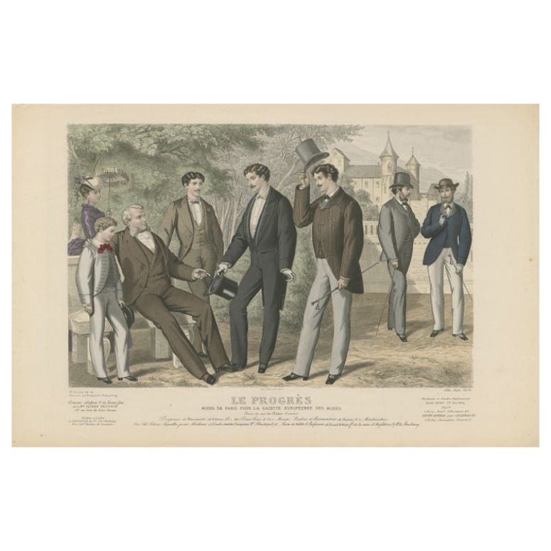 Antique Fashion Print with Gentlemen in Suites, 1874 For Sale
