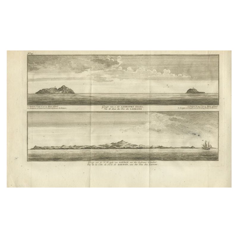 Antique Print with Views of the Ladrones Islands and Saipan by Anson, 1749 For Sale