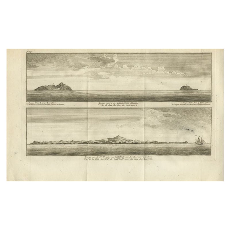 Stampa antica con vedute delle isole Ladrones e di Saipan di Anson, 1749