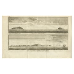 Antiker Druck mit Ansichten der Ladrones-Inseln und Saipan von Anson, 1749