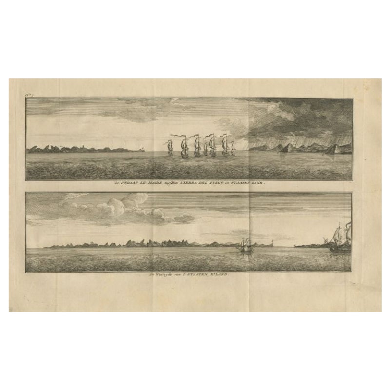 Antique Print with Views of Staten Island and Tierra Del Fuego, 1749 For Sale