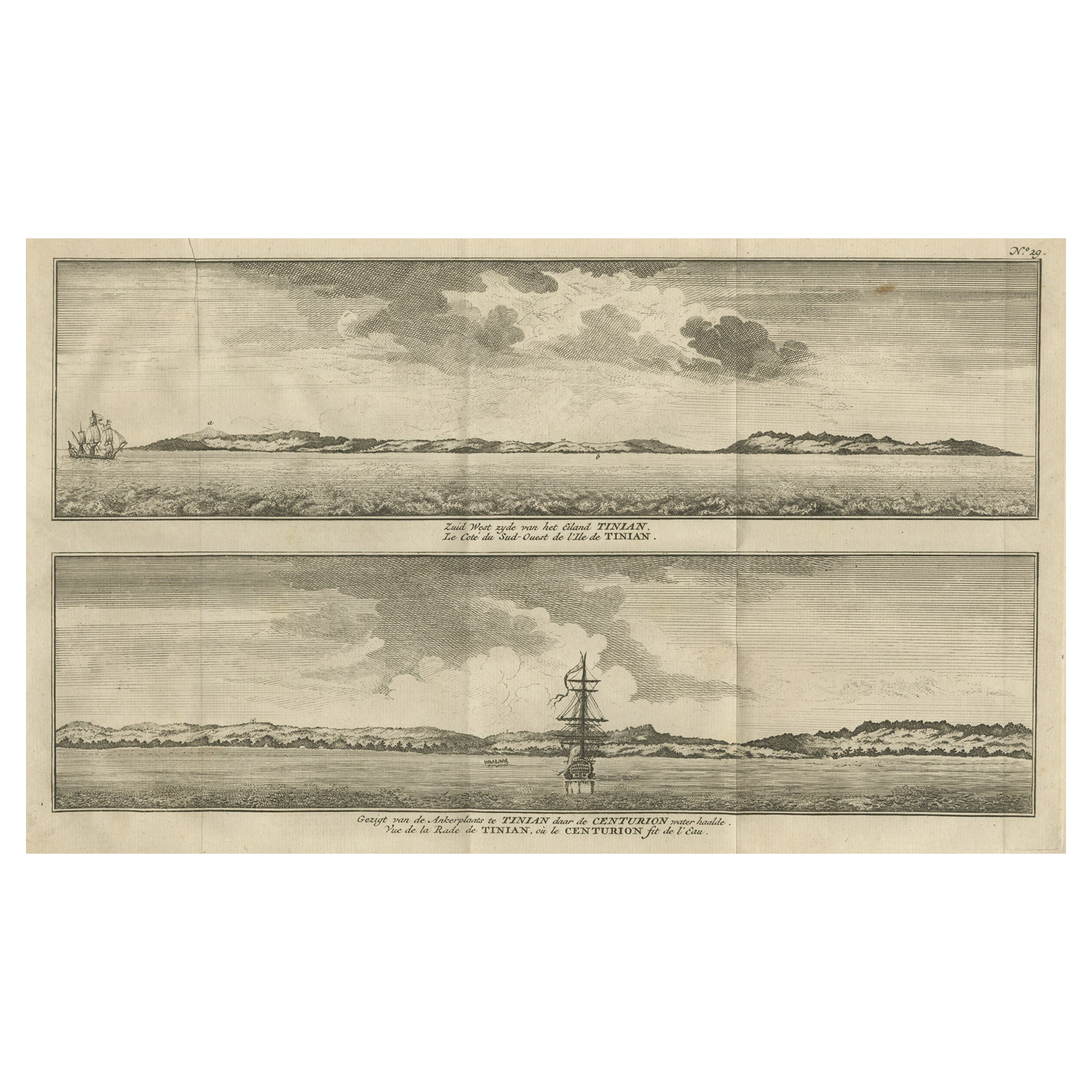 Impression ancienne avec vues de l'île de Tinian, les îles Mariana du Nord, 1749