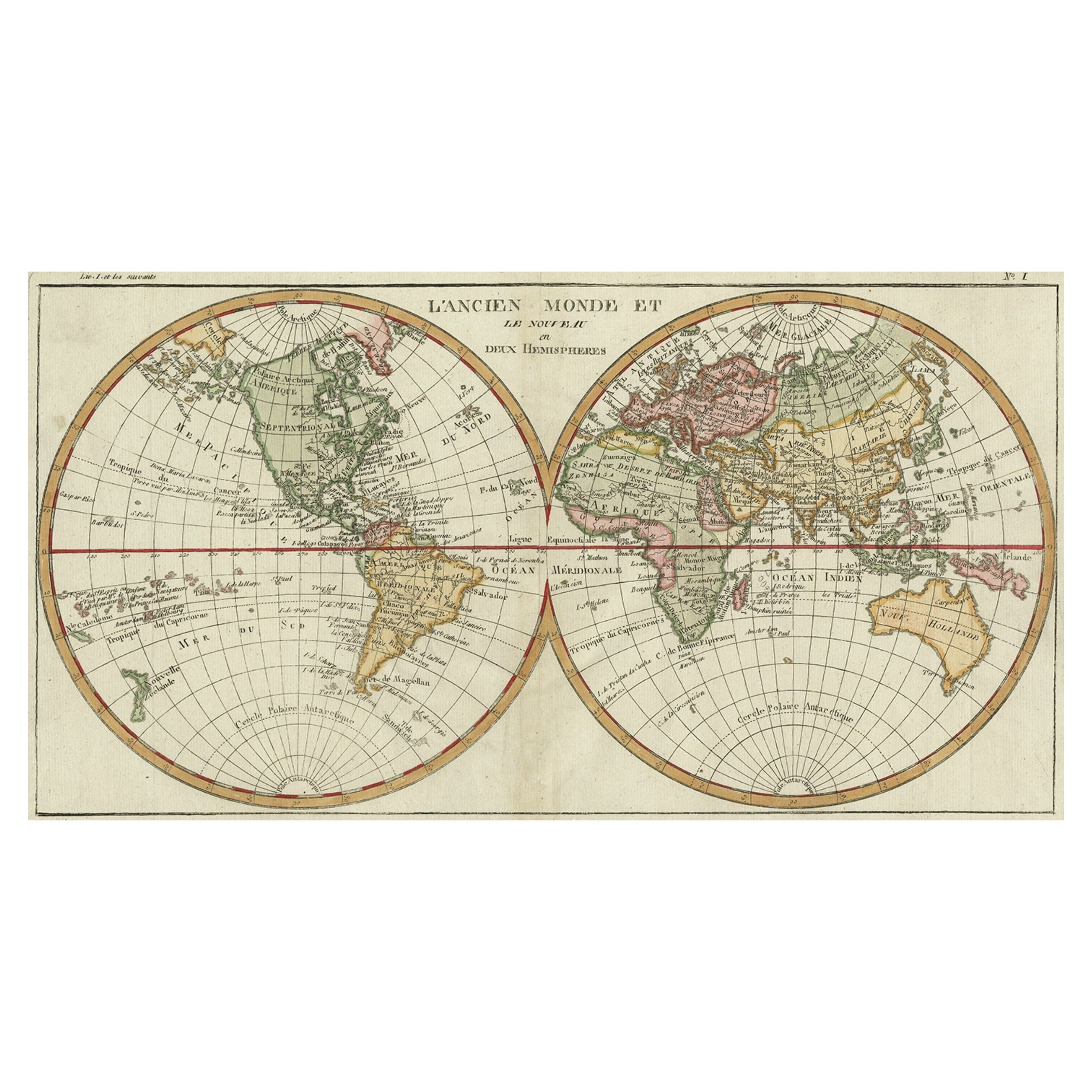 Carte originale et décorative du monde, publiée en France vers 1780 en vente