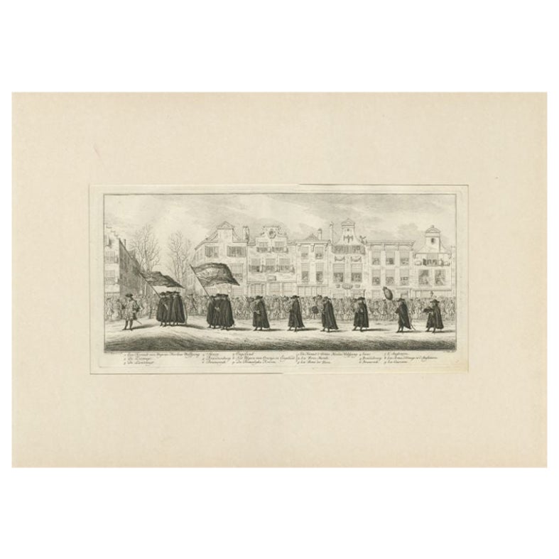 Antique Print of the Funeral Procession of Anna Van Hannover by Fokke, 1761 For Sale