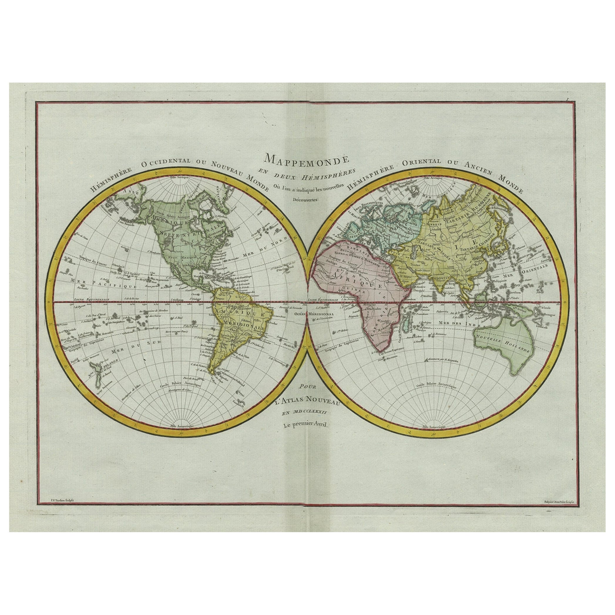 Carte ancienne originale gravée du monde entier, colorée et décorative, vers 1780