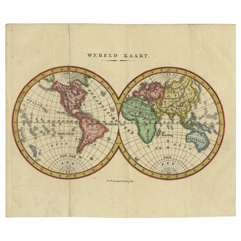 Kleine antike Weltkarte in dekorativer alter Handkolorierung, um 1840