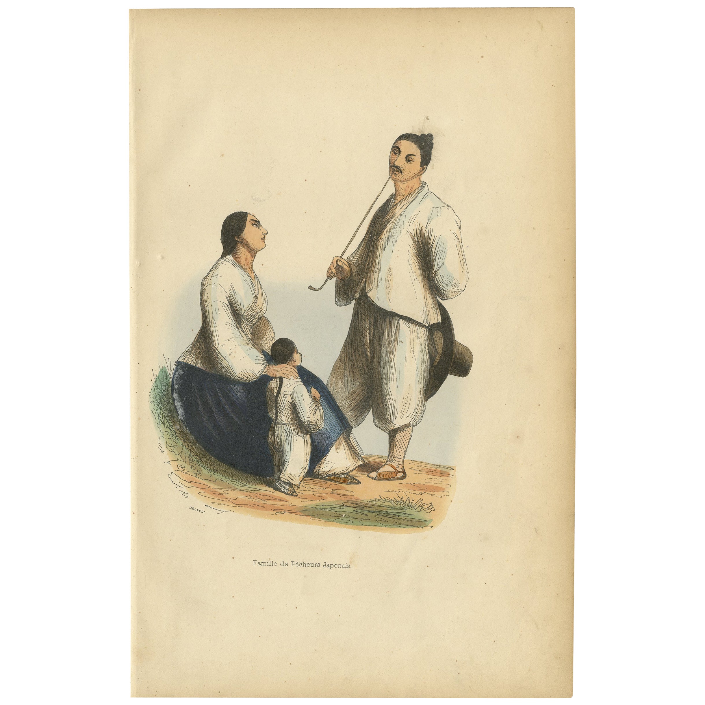 Antique Print of a Japanese Fishermen Family, 1843 For Sale