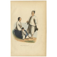 Antiker Druck einer japanischen Fischerfamilie, 1843