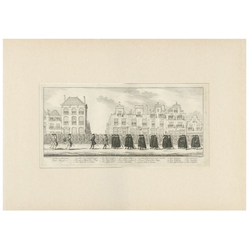 Antique Print of the Funeral Procession of Anna Van Hannover by Fokke, 1761 For Sale