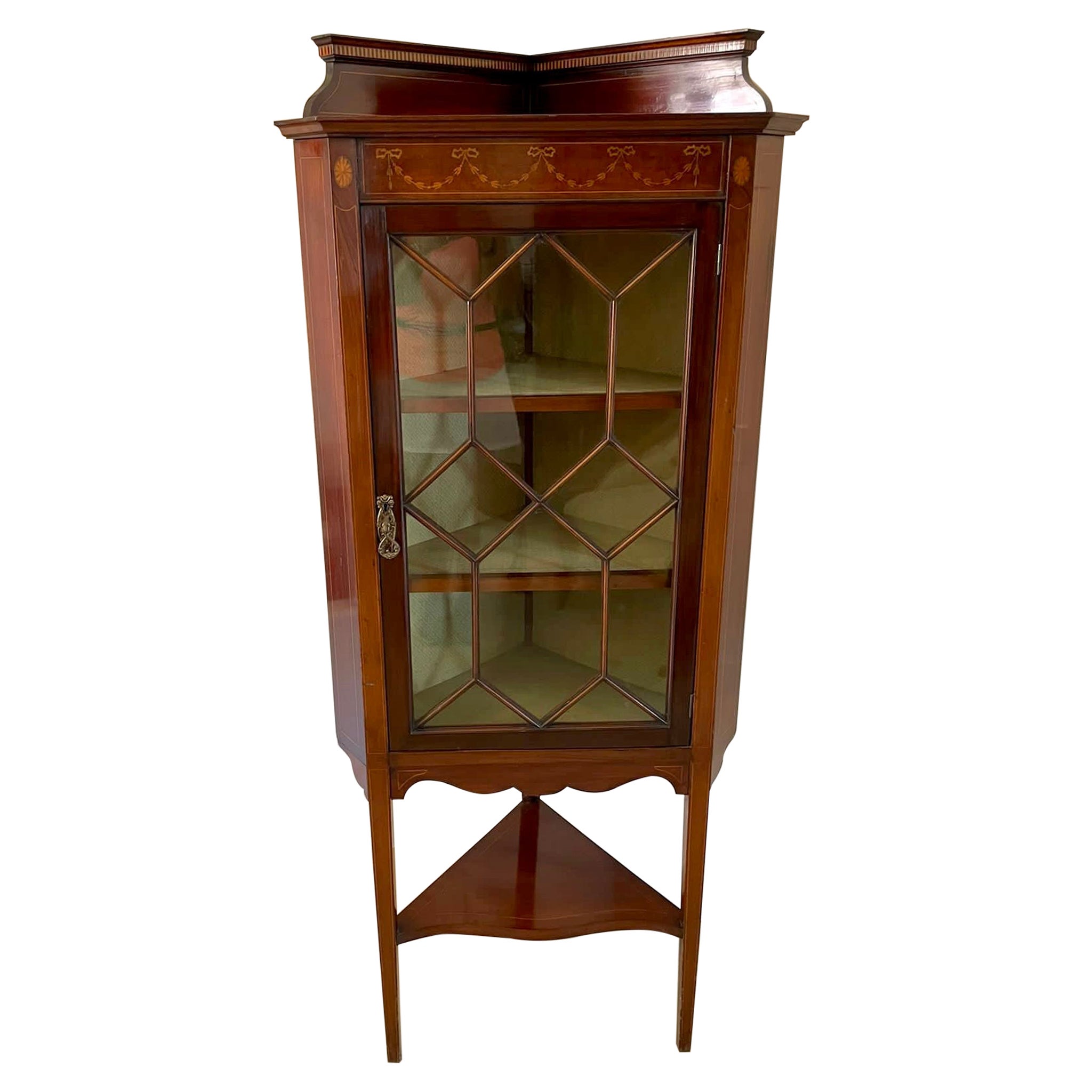 Antique Quality Edwardian Mahogany Inlaid Corner Cabinet For Sale