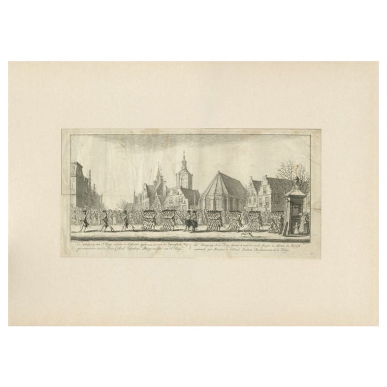 Antique Print of the Funeral Procession of Anna Van Hannover by Fokke, 1761 For Sale