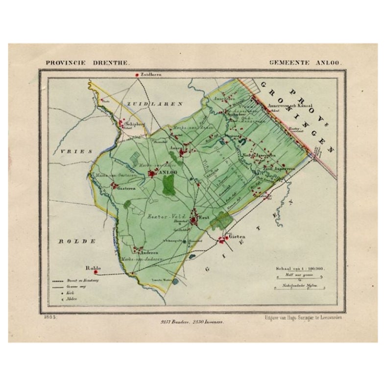 Carte ancienne du comté d'Anloo aux Pays-Bas, 1865 en vente