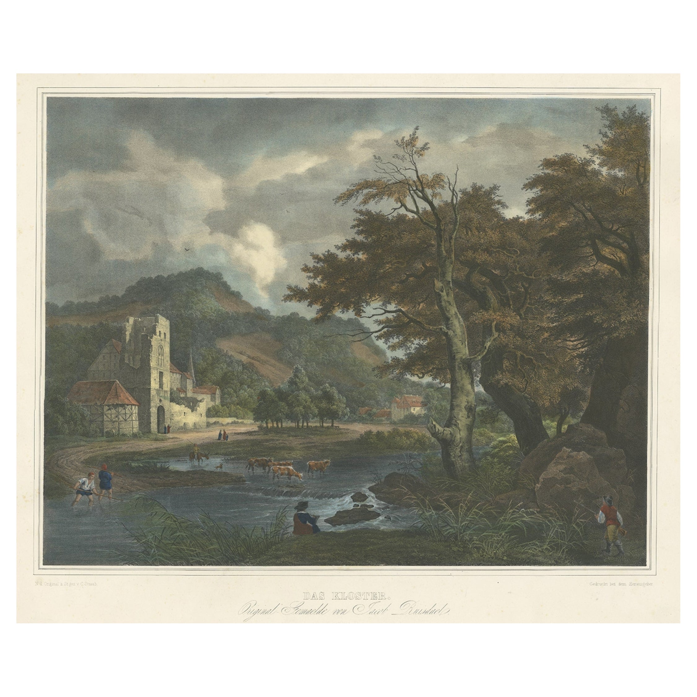 Antique Print of a Landscape with a Shepherd and Cattle, C.1840 For Sale