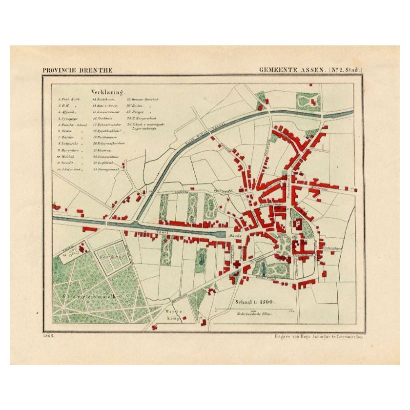 Antique Map of the City of Assen in The Netherlands, 1865 For Sale