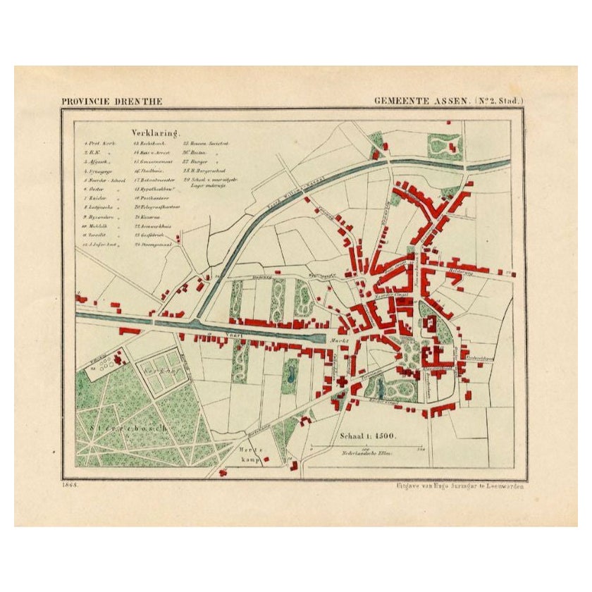 Antique Map of the City of Assen in The Netherlands, 1865