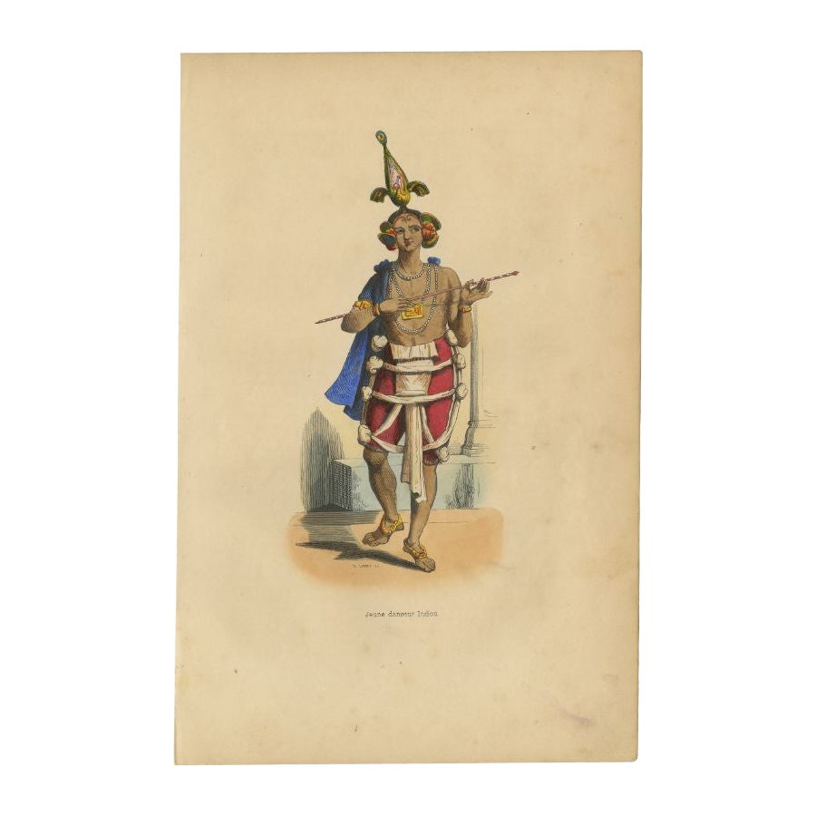 Impression ancienne colorée à la main d'une jeune danseuse hindoue, 1843