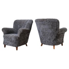Mid Century Lounge Chairs in Grey/Black Sheepskin Shearling Sweden, 1940s