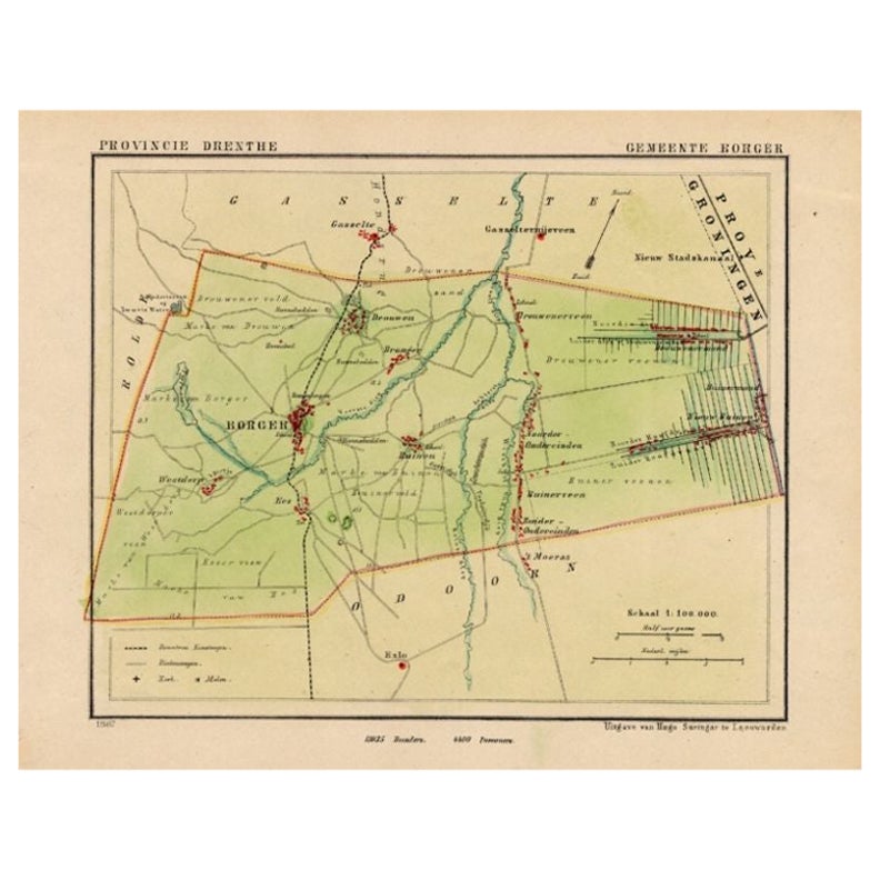 Original antike Karte der Gemeinde Borger in den Niederlanden, 1865 im Angebot