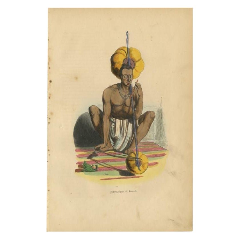 Impression ancienne colorée à la main d'un musicien hindou, 1843 en vente