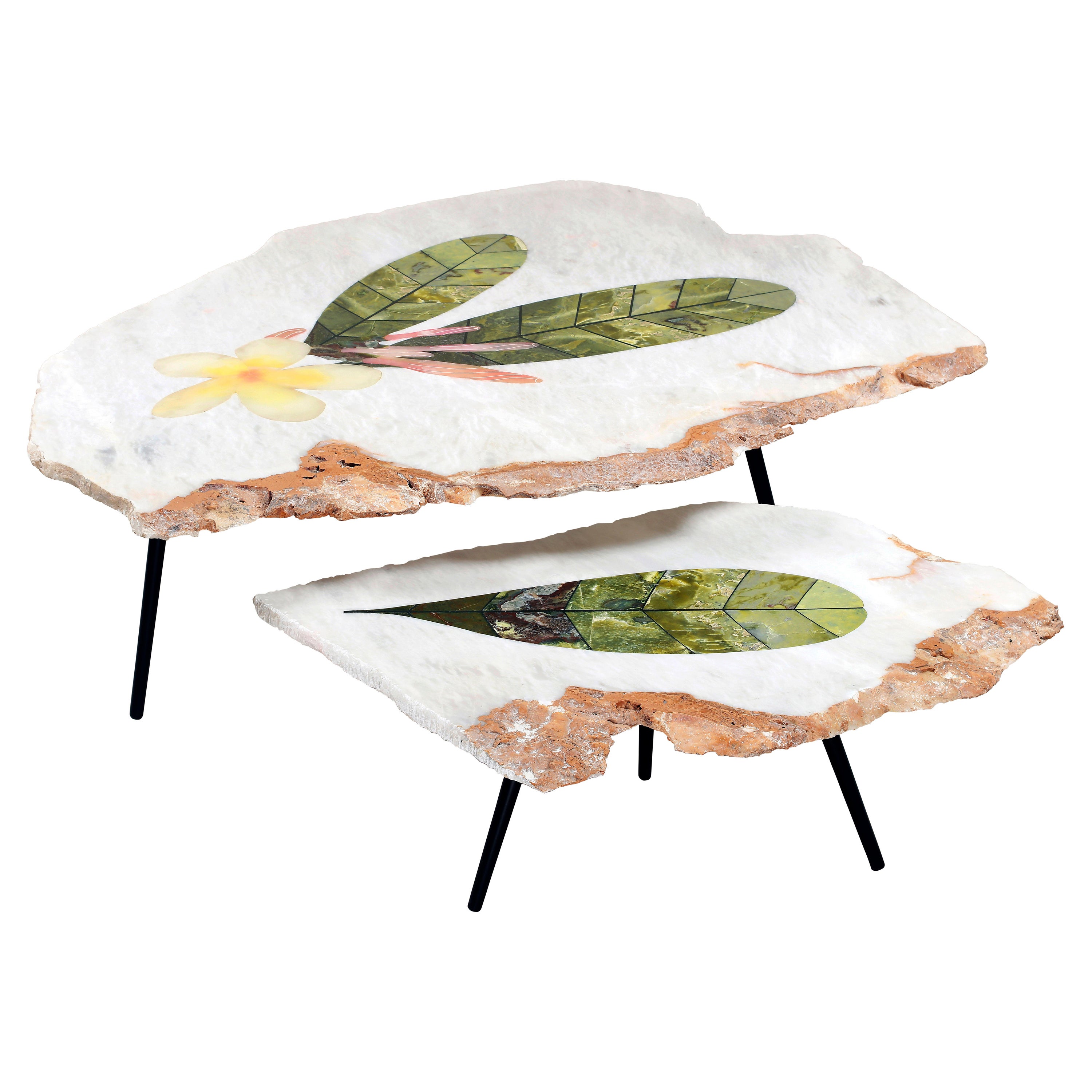 21st Century Nesting Tables Serpentine Onyx Marble Inlay Semi Precious White For Sale