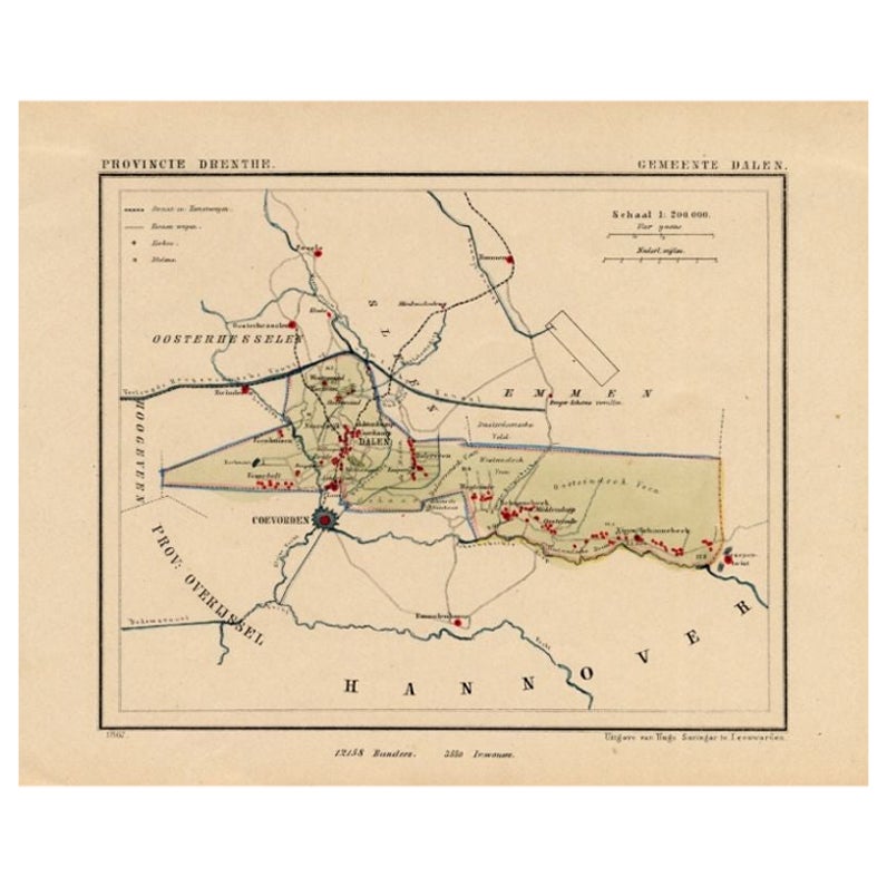 Antike Karte der Gemeinde Dalen, Schoonebeek in den Niederlanden, 1865 im Angebot