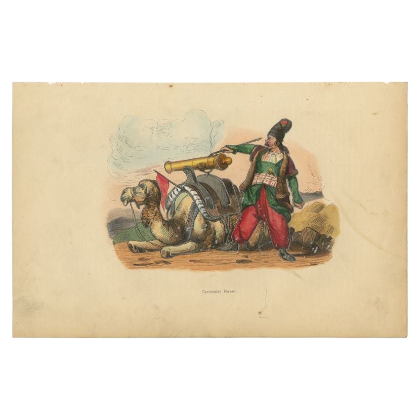 Antique Print of a Persian Gunner with a Camel, 1843 For Sale