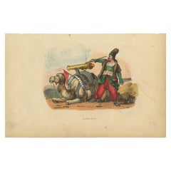 Impression ancienne d'un chasseur persan avec un chameau, 1843