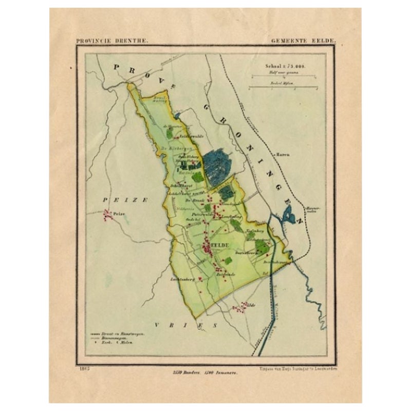 Carte ancienne de la ville d'Eagle à Drenthe, Pays-Bas, 1865