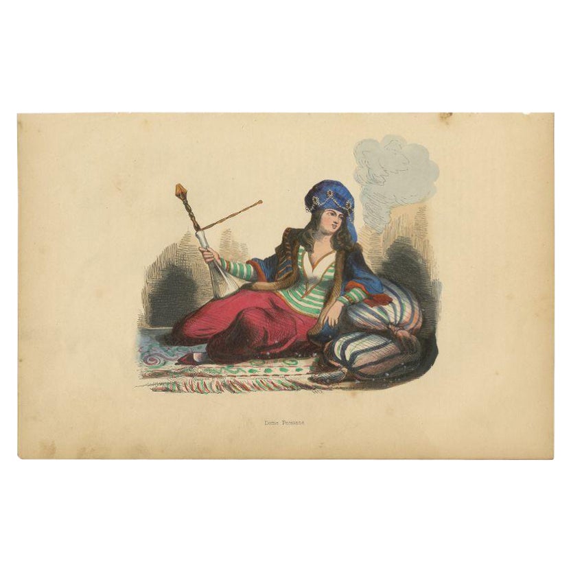 Old Hand-Colored Antique Print of a Persian Lady, 1843 For Sale