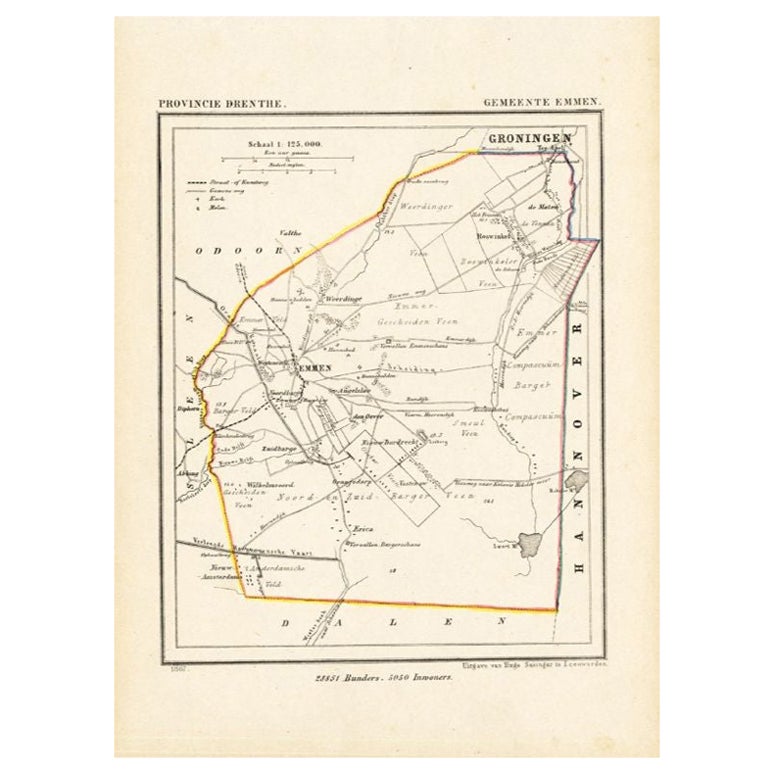 Antique Map of the Township of Emmen, Drenthe in The Netherlands, 1865 For Sale