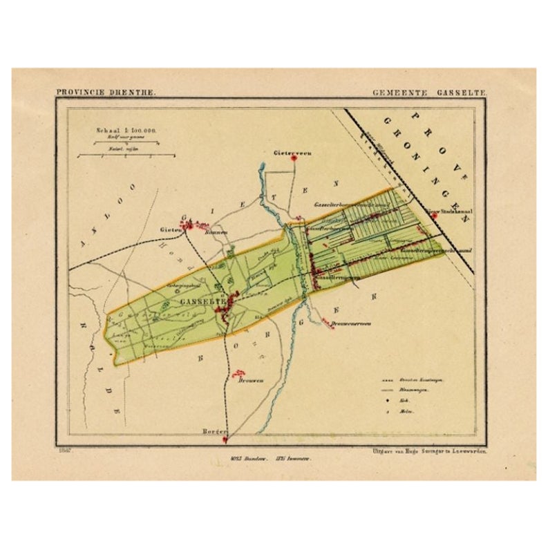 Antique Map of the Township of Gasselte in The Netherlands, 1865 For Sale