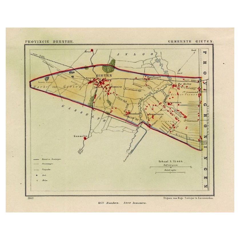 Carte ancienne de la ville de Gieten aux Pays-Bas, 1865